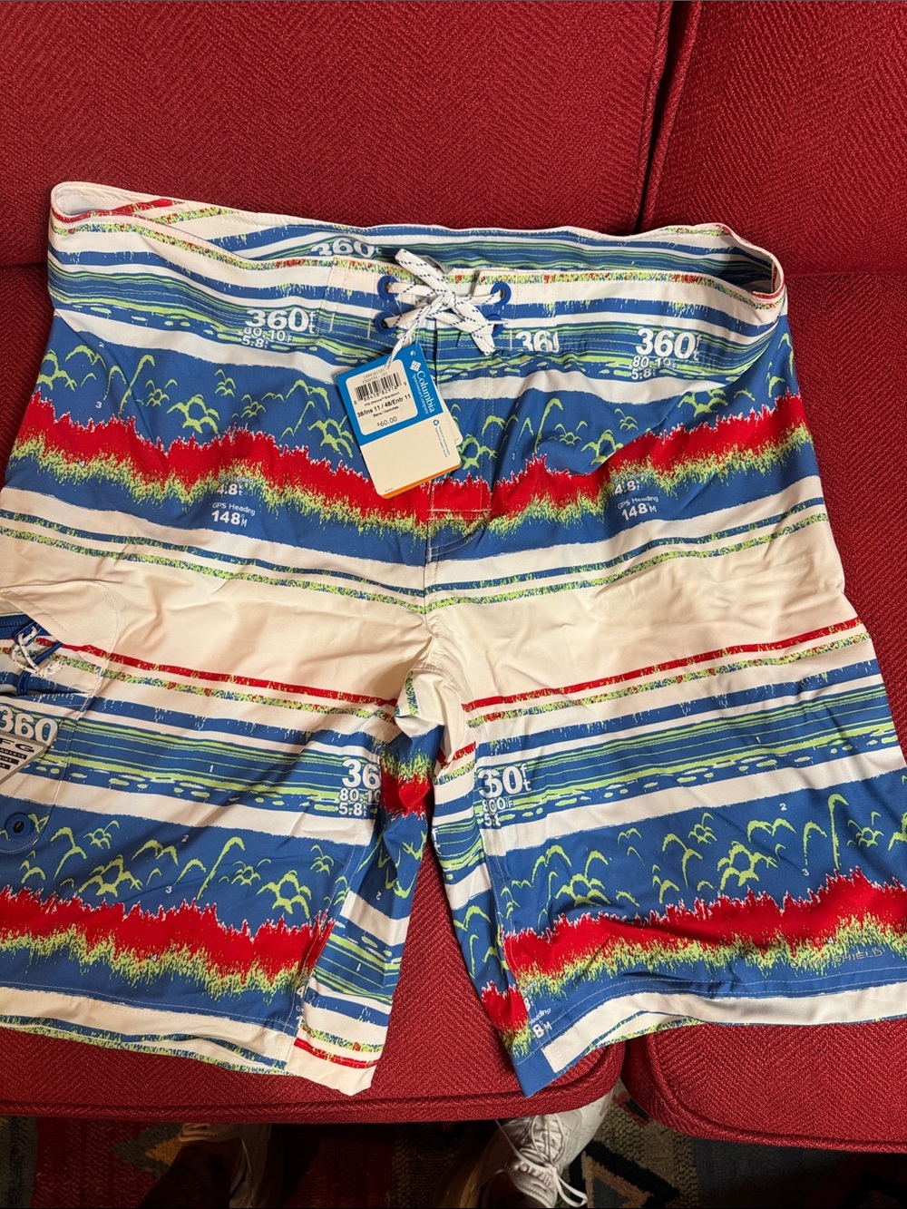 Columbia PFG 360 Multi-Color Striped Board Shorts, 38” waist